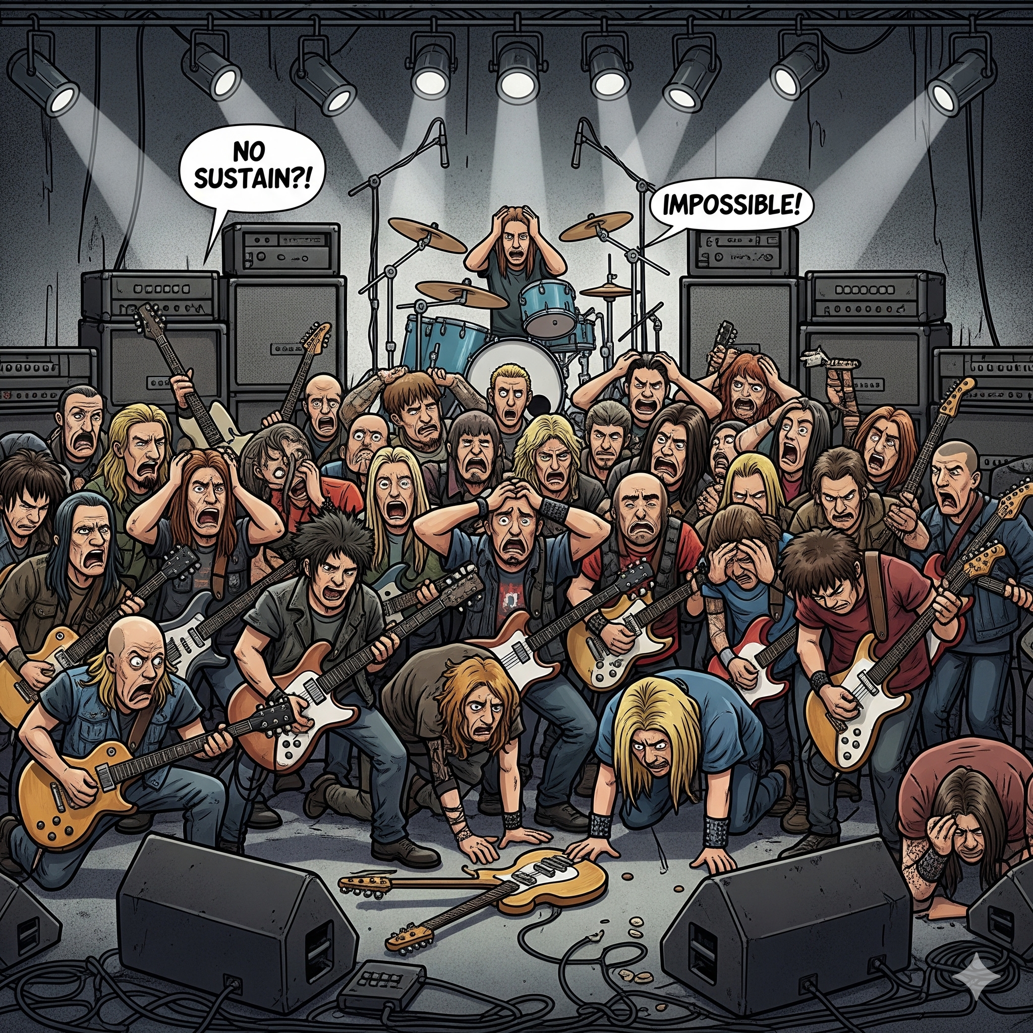 Guitarist standing in front of amplifier stacks with visible sound waves illustrating the feedback loop