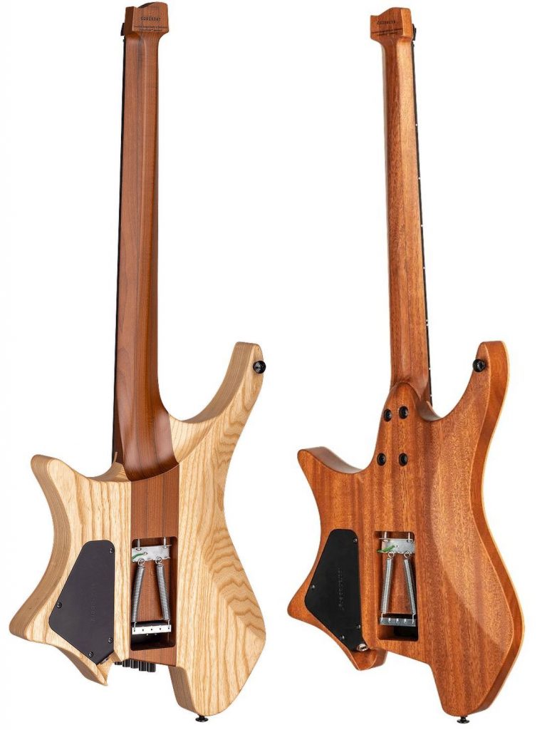 Two Strandberg Boden Plini guitars showing neck-through construction (left) versus bolt-on construction (right)