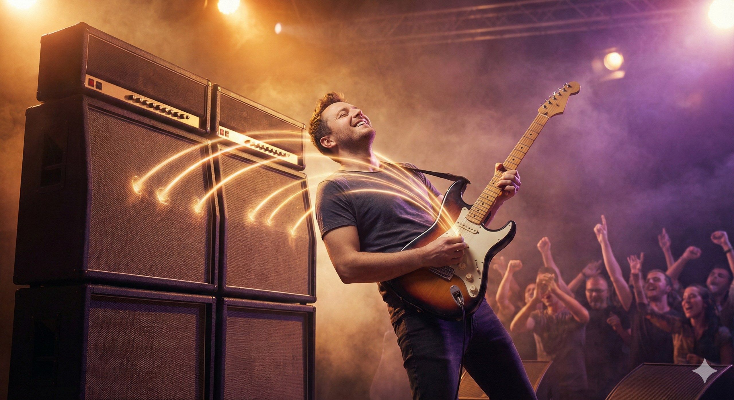 Comic illustration of horrified guitarists reacting to the news that electric guitars don't have sustain